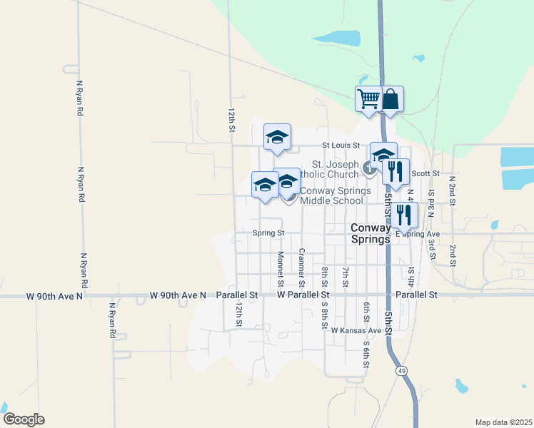 map of restaurants, bars, coffee shops, grocery stores, and more near 111 North Highland Street in Conway Springs