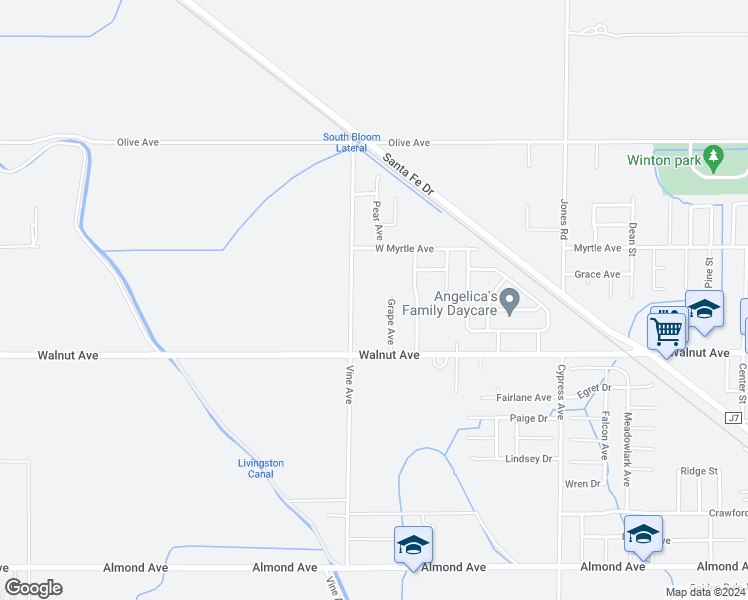 map of restaurants, bars, coffee shops, grocery stores, and more near 7176 Vine Avenue in Winton