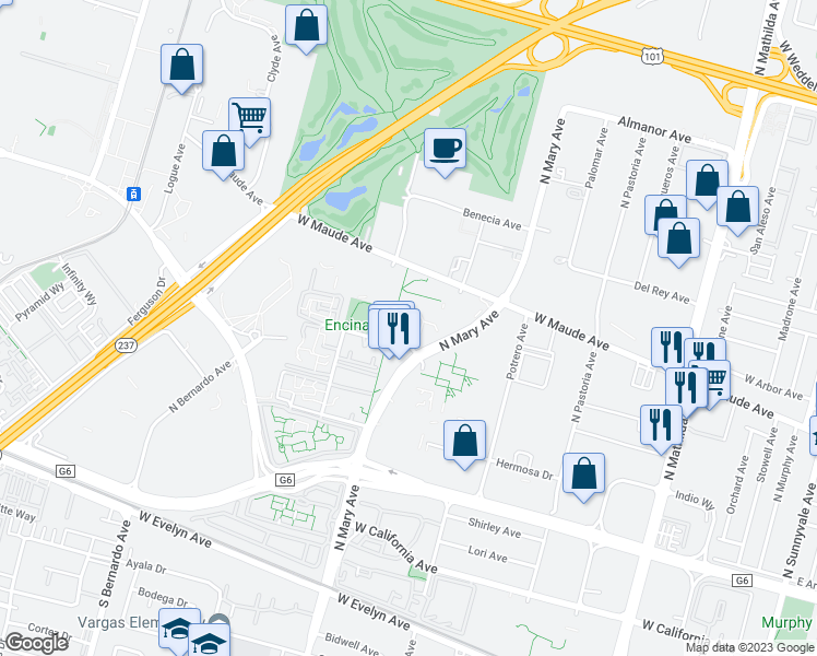 map of restaurants, bars, coffee shops, grocery stores, and more near 445 North Mary Avenue in Sunnyvale