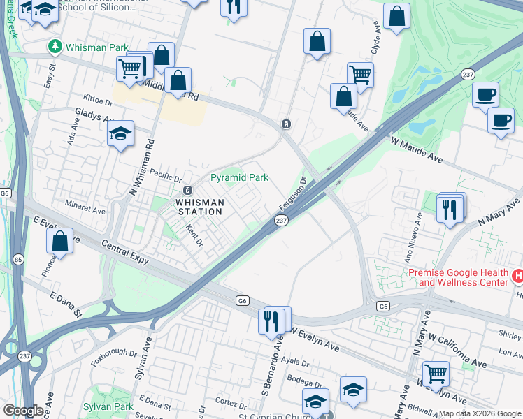 map of restaurants, bars, coffee shops, grocery stores, and more near 200 Infinity Way in Mountain View