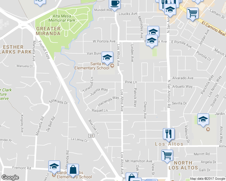map of restaurants, bars, coffee shops, grocery stores, and more near 390 Pine Lane in Los Altos