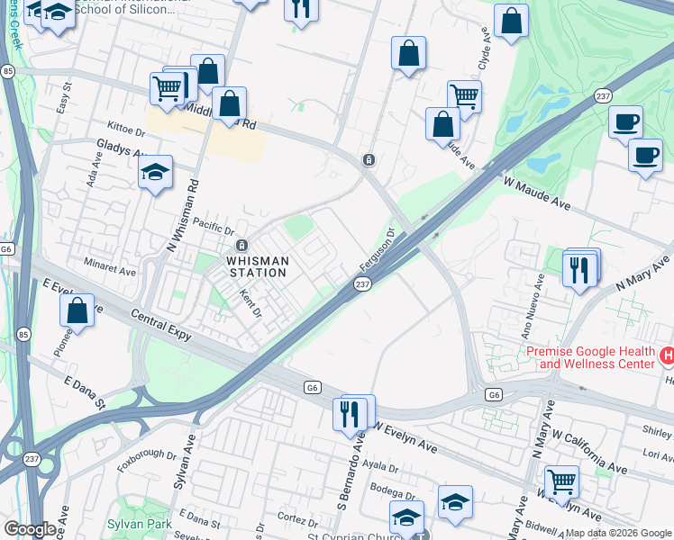 map of restaurants, bars, coffee shops, grocery stores, and more near 346 Circuit Way in Mountain View