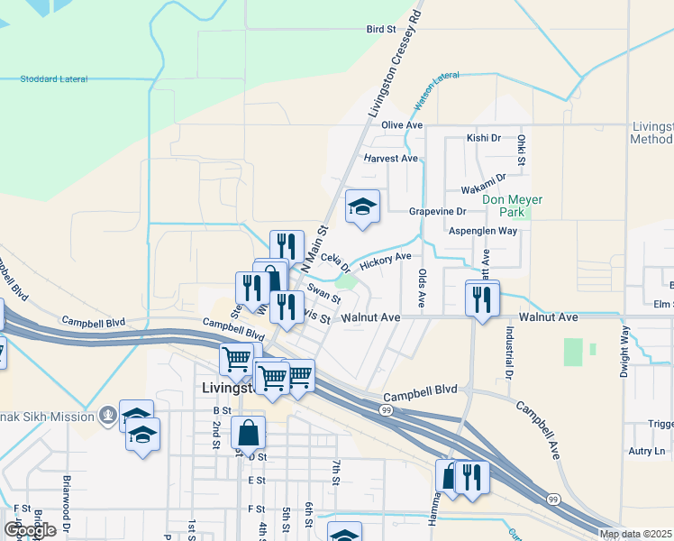 map of restaurants, bars, coffee shops, grocery stores, and more near 1504 Willow Court in Livingston