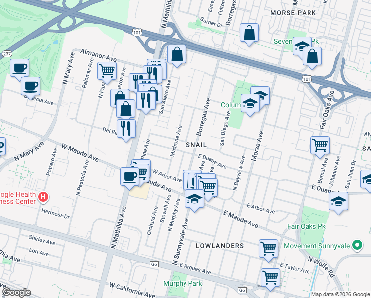 map of restaurants, bars, coffee shops, grocery stores, and more near in Sunnyvale