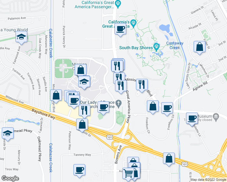 map of restaurants, bars, coffee shops, grocery stores, and more near 2804 Mission College Boulevard in Santa Clara