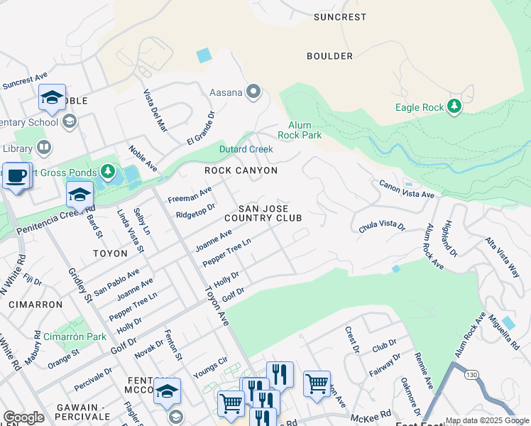 map of restaurants, bars, coffee shops, grocery stores, and more near 3772 San Pablo Court in San Jose