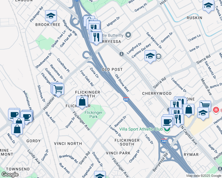 map of restaurants, bars, coffee shops, grocery stores, and more near 1488 Four Oaks Circle in San Jose