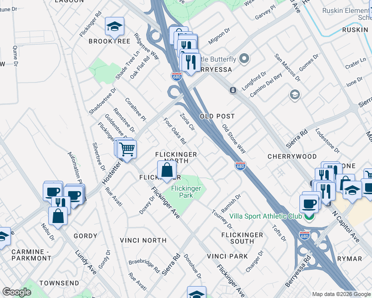 map of restaurants, bars, coffee shops, grocery stores, and more near 2211 Zoria Circle in San Jose
