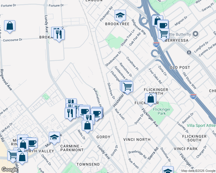 map of restaurants, bars, coffee shops, grocery stores, and more near 1699 Silvertree Drive in San Jose