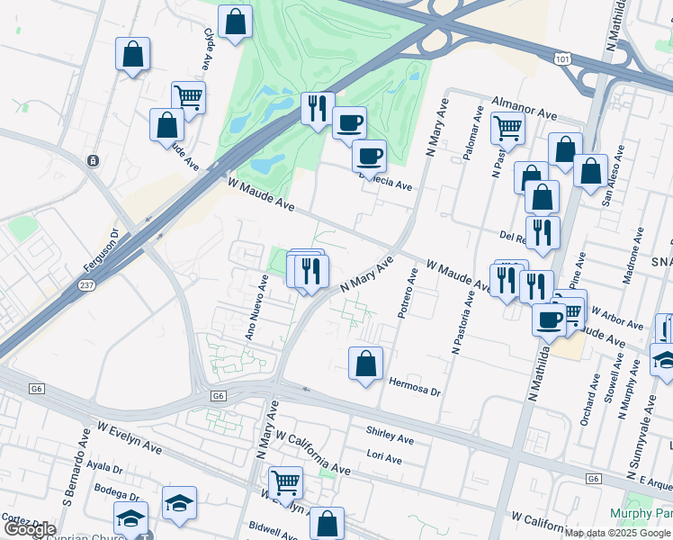 map of restaurants, bars, coffee shops, grocery stores, and more near 900-922 W Maude Ave in Sunnyvale