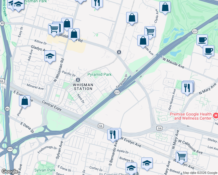 map of restaurants, bars, coffee shops, grocery stores, and more near 200 Infinity Way in Mountain View