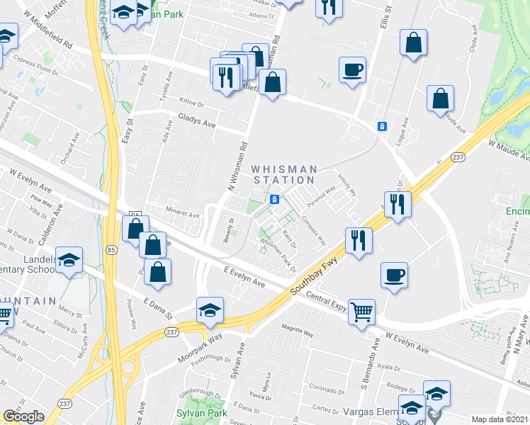map of restaurants, bars, coffee shops, grocery stores, and more near 360 Flower Lane in Mountain View