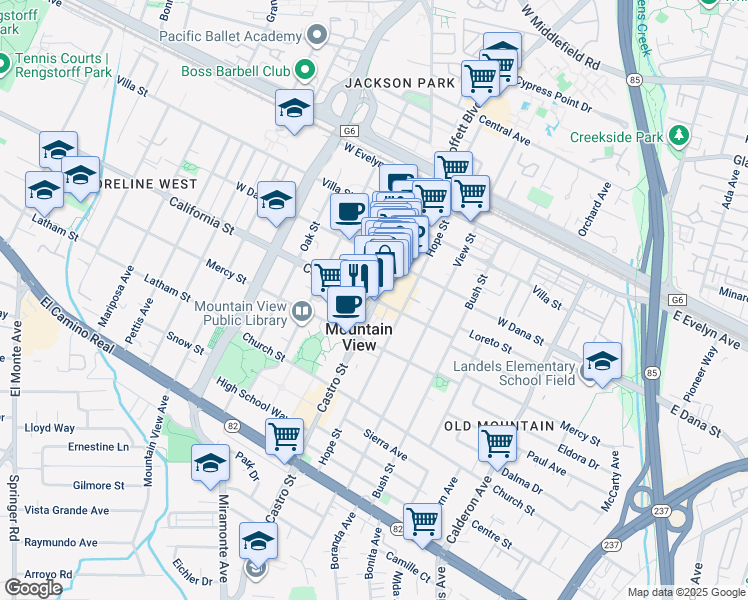 map of restaurants, bars, coffee shops, grocery stores, and more near 360 Castro Street in Mountain View