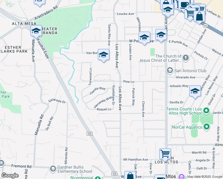 map of restaurants, bars, coffee shops, grocery stores, and more near 390 Pine Lane in Los Altos