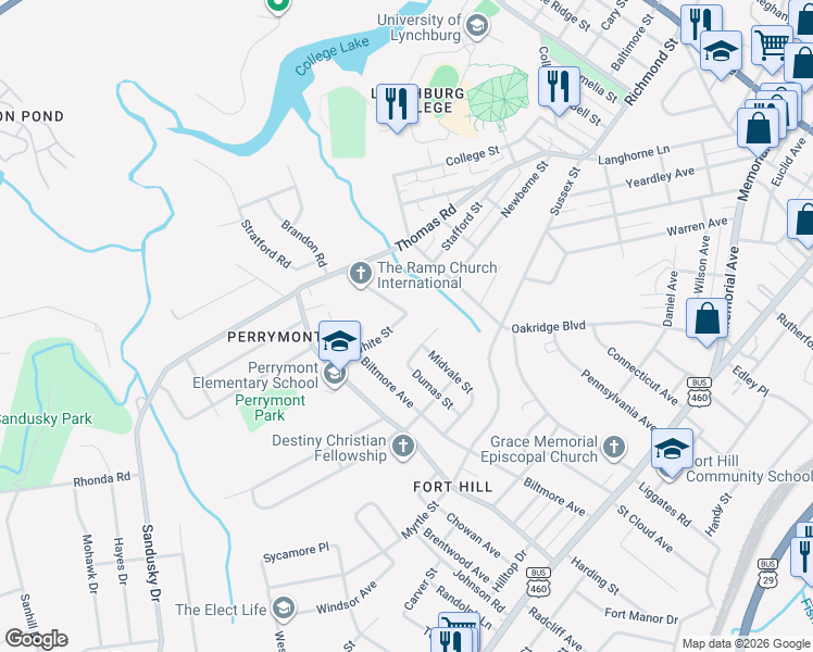 map of restaurants, bars, coffee shops, grocery stores, and more near 4139 White Street in Lynchburg