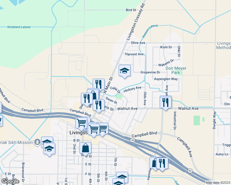 map of restaurants, bars, coffee shops, grocery stores, and more near 1504 Willow Court in Livingston