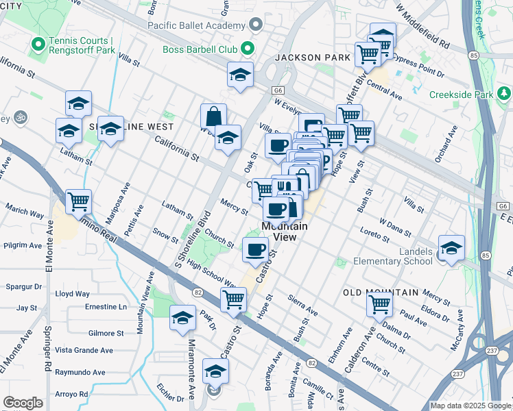map of restaurants, bars, coffee shops, grocery stores, and more near 461 Franklin Street in Mountain View