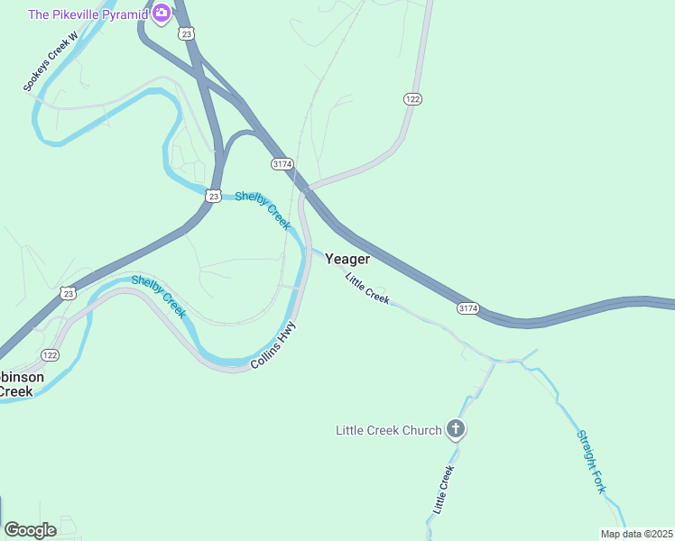 map of restaurants, bars, coffee shops, grocery stores, and more near 181 Little Creek in Pikeville