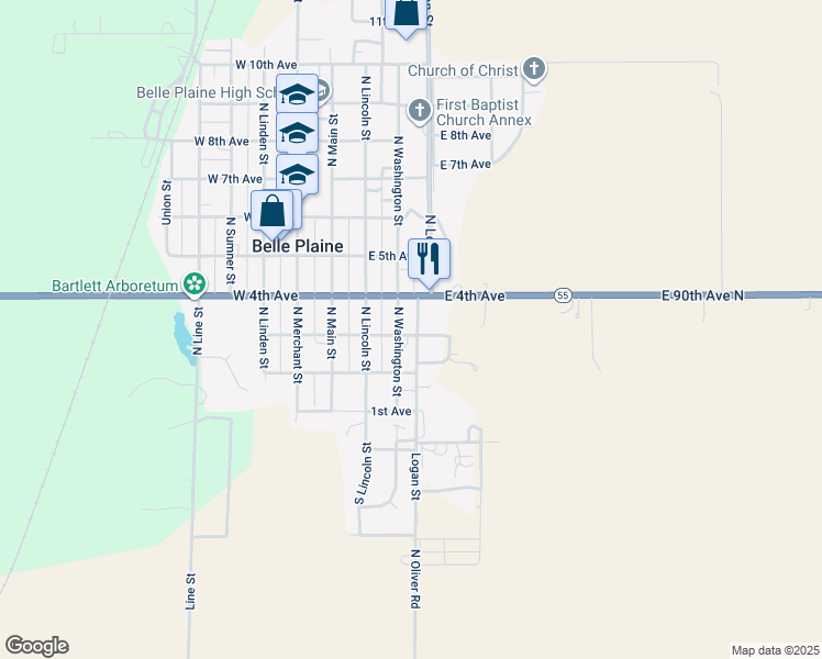 map of restaurants, bars, coffee shops, grocery stores, and more near 301 North Logan Street in Belle Plaine