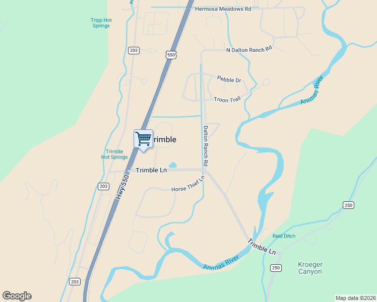 map of restaurants, bars, coffee shops, grocery stores, and more near 208 Trimble Crossing Drive in Durango