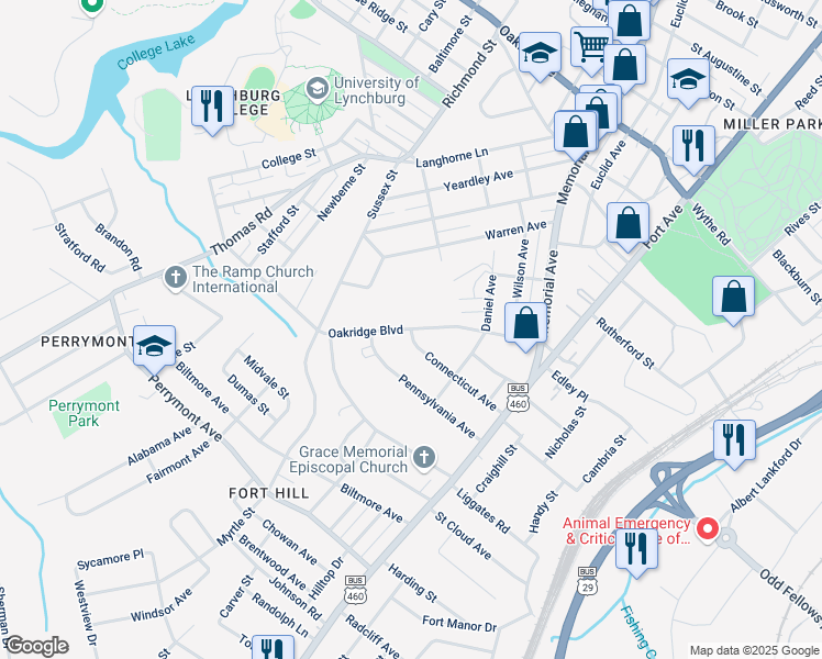 map of restaurants, bars, coffee shops, grocery stores, and more near 410 Connecticut Avenue in Lynchburg