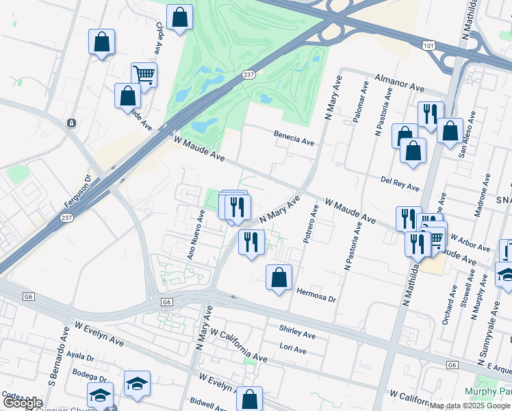 map of restaurants, bars, coffee shops, grocery stores, and more near 445 North Mary Avenue in Sunnyvale