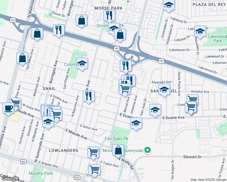 map of restaurants, bars, coffee shops, grocery stores, and more near 613 San Conrado Terrace in Sunnyvale