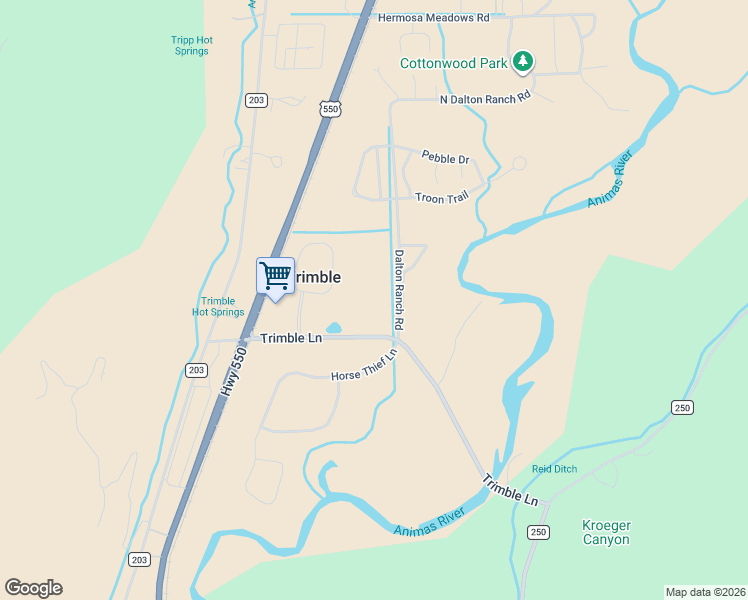 map of restaurants, bars, coffee shops, grocery stores, and more near Dalton Ranch Rd in Durango