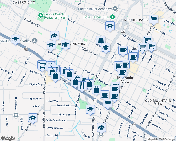 map of restaurants, bars, coffee shops, grocery stores, and more near 533 Palo Alto Avenue in Mountain View
