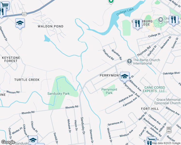 map of restaurants, bars, coffee shops, grocery stores, and more near 4648 Ferncliff Drive in Lynchburg