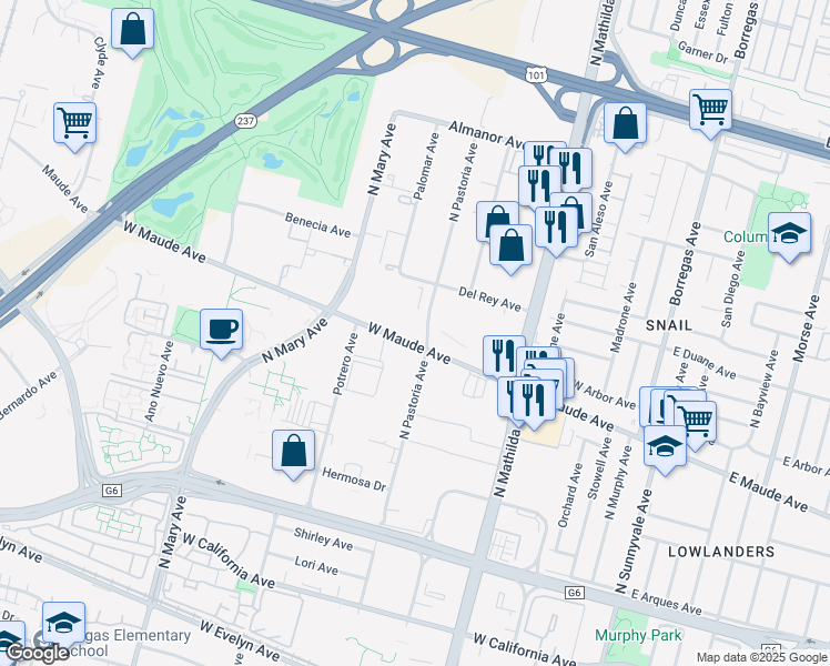 map of restaurants, bars, coffee shops, grocery stores, and more near 575 N Pastoria Ave in Sunnyvale
