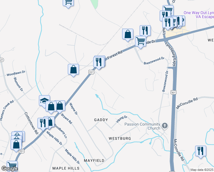 map of restaurants, bars, coffee shops, grocery stores, and more near 111 Phillips Circle in Lynchburg