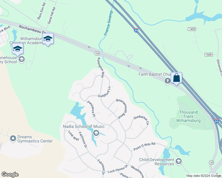 map of restaurants, bars, coffee shops, grocery stores, and more near 8400 Oldham Court in Williamsburg
