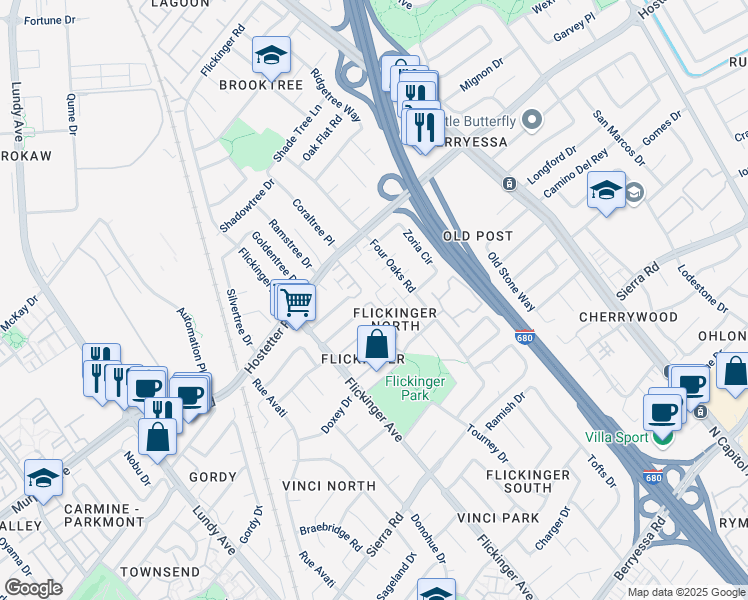 map of restaurants, bars, coffee shops, grocery stores, and more near 1555 4 Oaks Road in San Jose