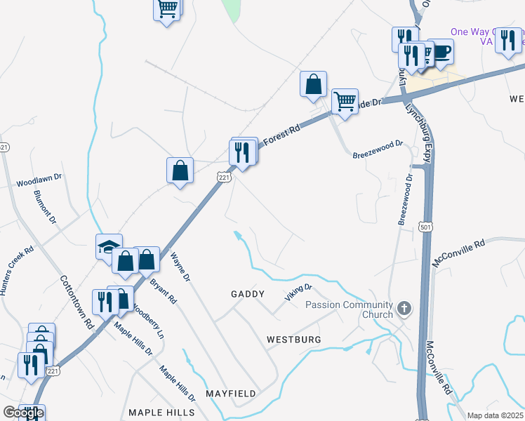 map of restaurants, bars, coffee shops, grocery stores, and more near 111 Phillips Circle in Lynchburg