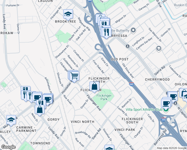 map of restaurants, bars, coffee shops, grocery stores, and more near 1555 4 Oaks Road in San Jose