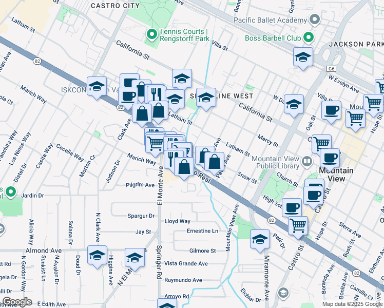 map of restaurants, bars, coffee shops, grocery stores, and more near 688 Chiquita Avenue in Mountain View
