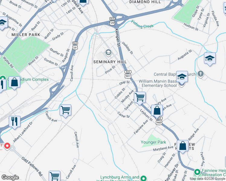 map of restaurants, bars, coffee shops, grocery stores, and more near 2267 Otey Street in Lynchburg