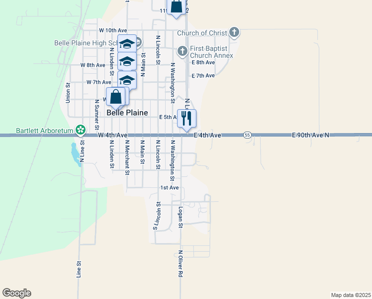 map of restaurants, bars, coffee shops, grocery stores, and more near 301-399 N Logan St in Belle Plaine