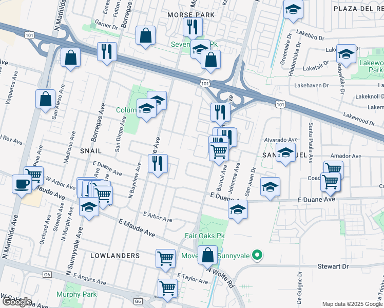 map of restaurants, bars, coffee shops, grocery stores, and more near 613 San Conrado Terrace in Sunnyvale