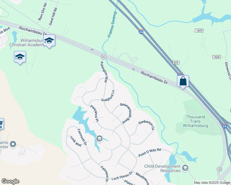 map of restaurants, bars, coffee shops, grocery stores, and more near 8400 Oldham Court in Williamsburg
