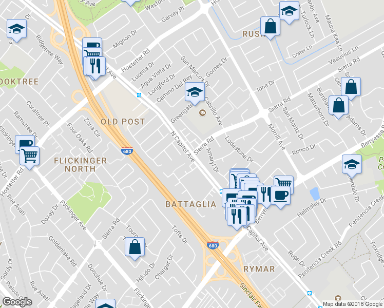 map of restaurants, bars, coffee shops, grocery stores, and more near Sierra Rd & N Capitol Ave in San Jose