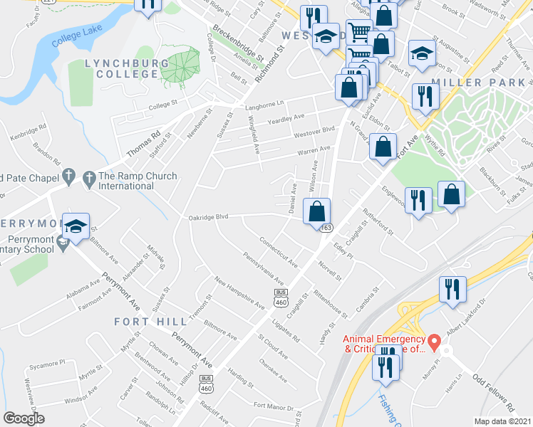 map of restaurants, bars, coffee shops, grocery stores, and more near 315 Oakridge Boulevard in Lynchburg