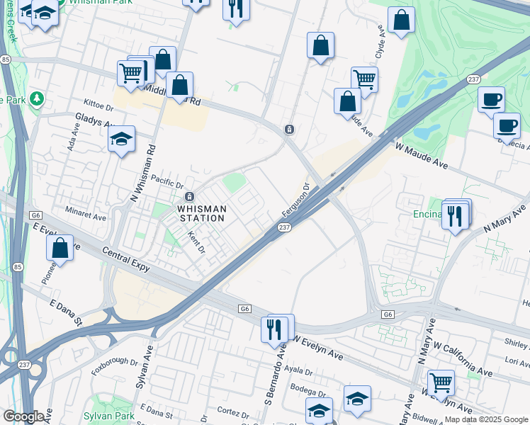 map of restaurants, bars, coffee shops, grocery stores, and more near 200 Infinity Way in Mountain View