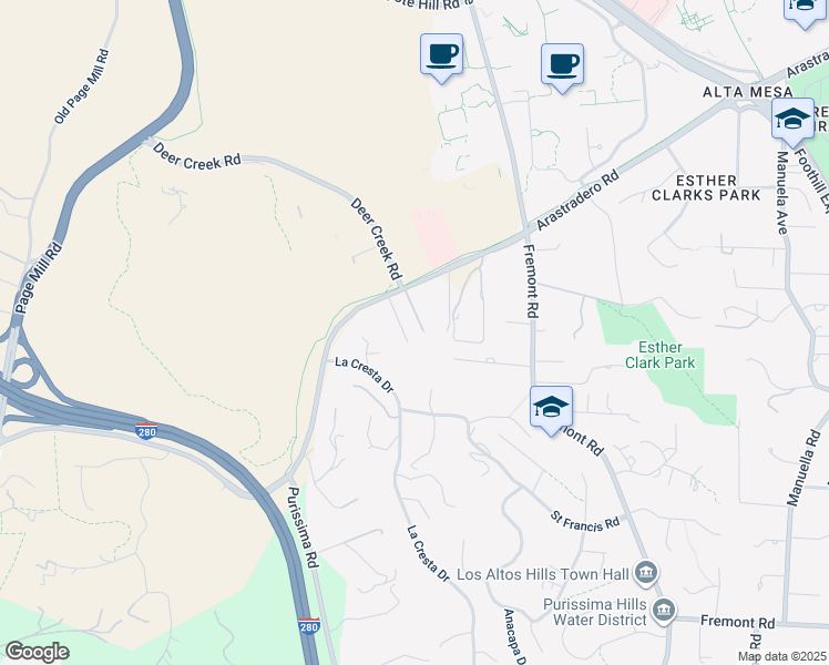 map of restaurants, bars, coffee shops, grocery stores, and more near 13456 Mandoli Drive in Los Altos Hills