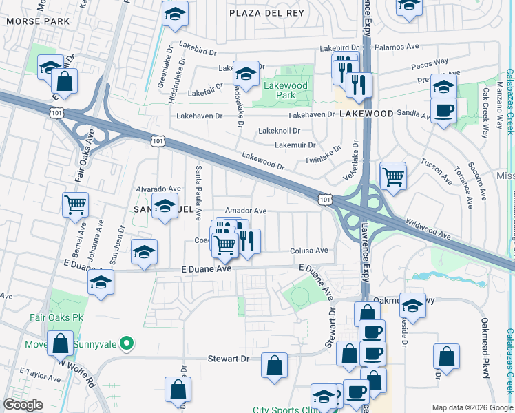 map of restaurants, bars, coffee shops, grocery stores, and more near 941 Amador Avenue in Sunnyvale