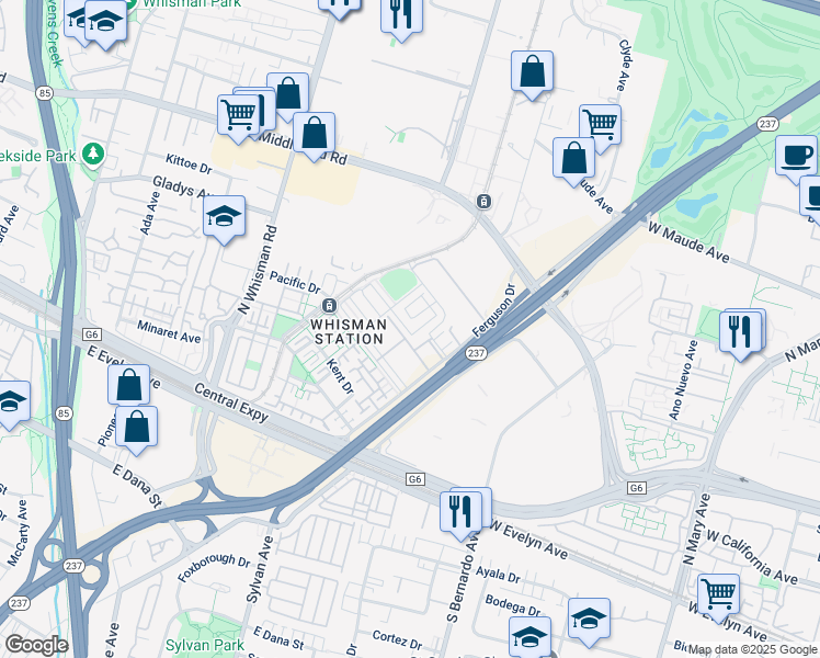 map of restaurants, bars, coffee shops, grocery stores, and more near 143 Orbit Way in Mountain View