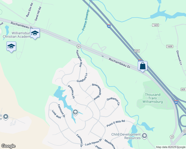 map of restaurants, bars, coffee shops, grocery stores, and more near 8408 Oldham Court in Williamsburg