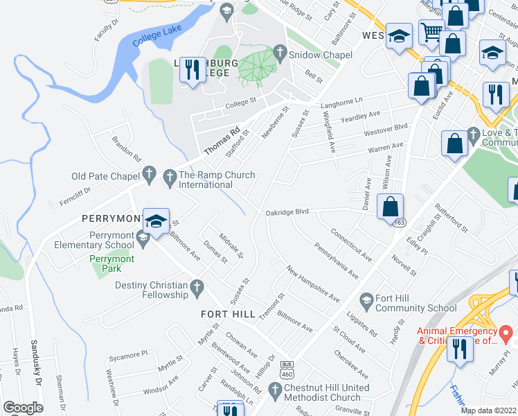 map of restaurants, bars, coffee shops, grocery stores, and more near 609 Sussex Street in Lynchburg