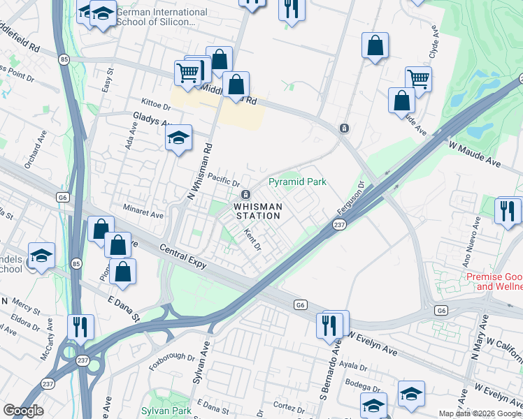 map of restaurants, bars, coffee shops, grocery stores, and more near 3102 Pyramid Way in Mountain View
